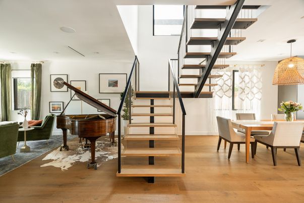 Dining room, Interior, Pendant Lights, Piano, Wood Texture Flooring