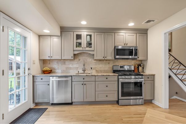 Interior, Kitchen, Recessed Lighting, Stainless Steel Appliances, Wood Texture Flooring