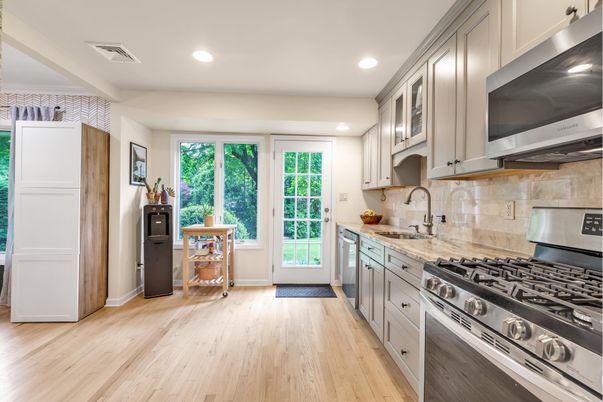 Interior, Kitchen, Recessed Lighting, Stainless Steel Appliances, Wood Texture Flooring