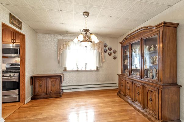 Chandelier, Interior, Kitchen, Stainless Steel Appliances, Wood Texture Flooring