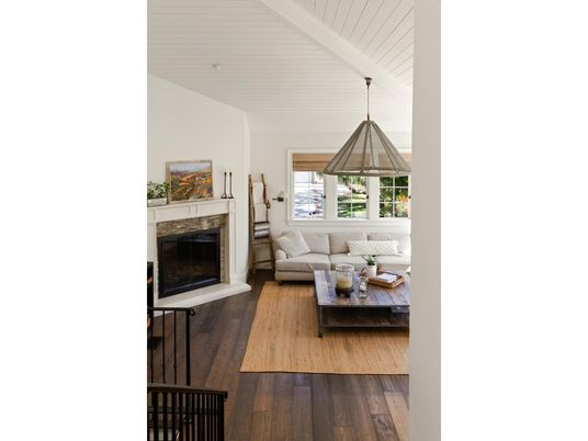 Fireplace, Interior, Living room, Pendant Lights, Wood Texture Flooring