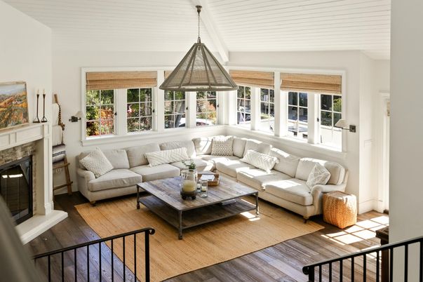 Fireplace, Interior, Living room, Pendant Lights, Wood Texture Flooring