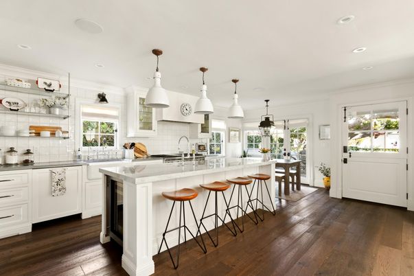 Interior, Kitchen, Pendant Lights, Recessed Lighting, Wood Texture Flooring
