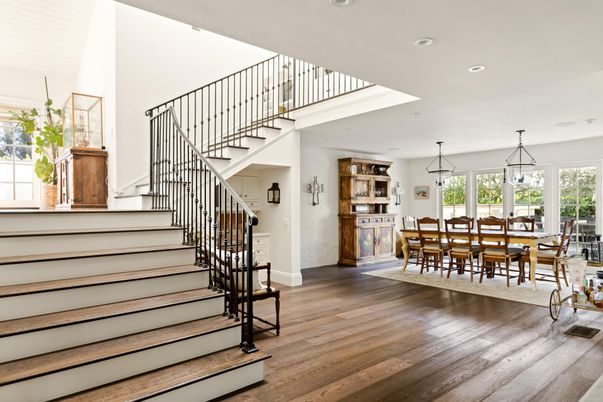 Dining room, Interior, Pendant Lights, Recessed Lighting, Wood Texture Flooring