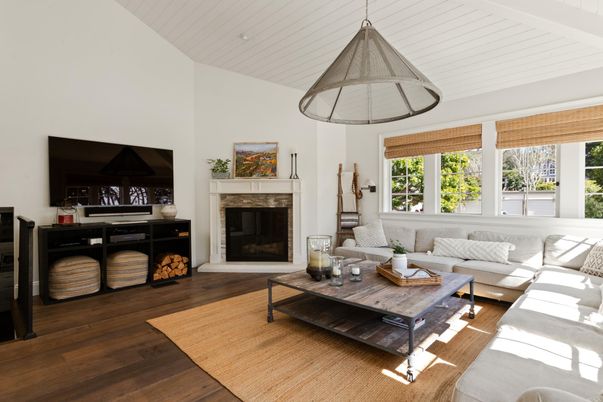 Fireplace, Interior, Living room, Pendant Lights, Wood Texture Flooring