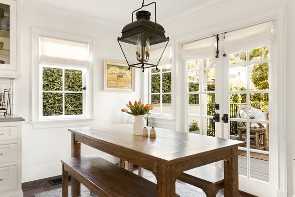 Dining room, Interior, Pendant Lights, Wood Texture Flooring