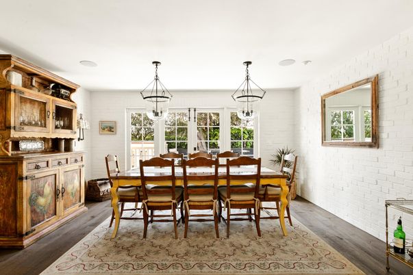 Dining room, Interior, Pendant Lights, Wood Texture Flooring