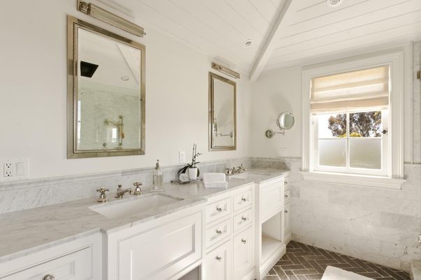 Bathroom, Dual Sink Vanities, Interior, Marble Walls, Recessed Lighting