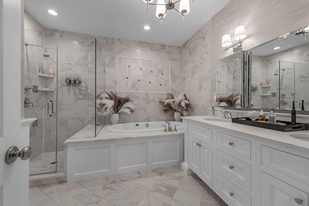 Bathroom, Dual Sink Vanities, Glass Shower, Interior, Marble, Marble Walls, Recessed Lighting