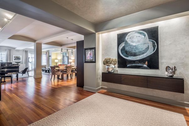 Dining room, Interior, Pendant Lights, Piano, Wood Texture Flooring
