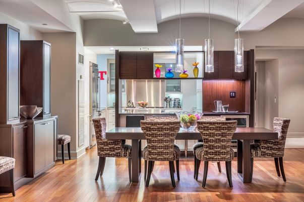 Dining room, Interior, Kitchen, Pendant Lights, Recessed Lighting, Wood Texture Flooring
