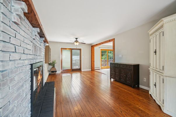 Empty room, Fireplace, Interior, Stone Walls, Wood Texture Flooring