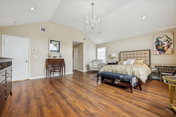 Bedroom, Chandelier, Interior, Recessed Lighting, Wood Texture Flooring