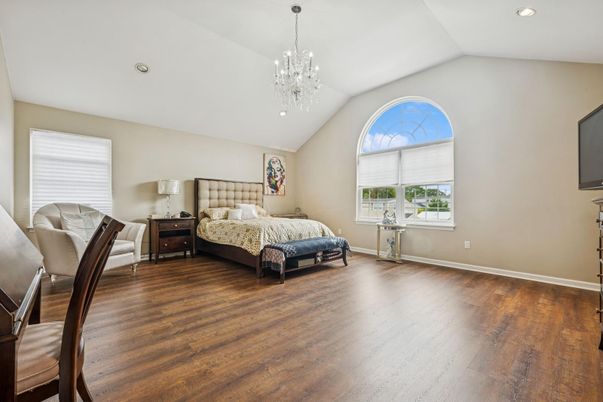 Bedroom, Chandelier, Interior, Recessed Lighting, Wood Texture Flooring
