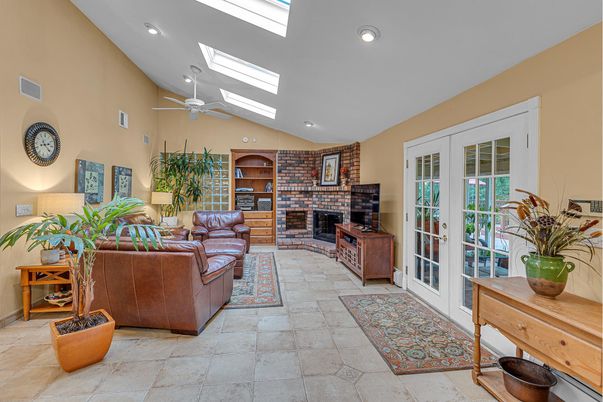 Fireplace, Interior, Living room, Recessed Lighting, Stone Walls