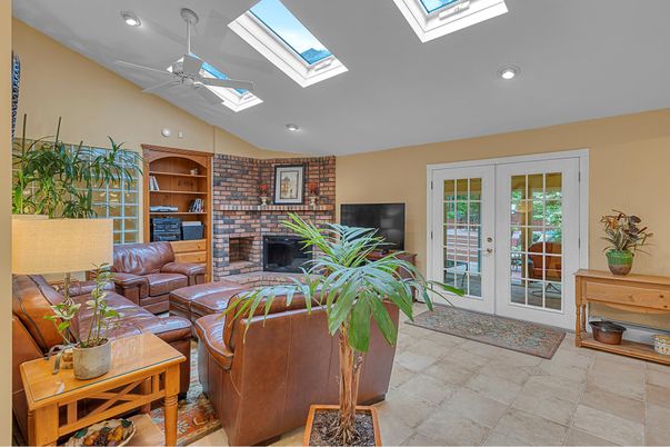 Fireplace, Interior, Living room, Recessed Lighting, Stone Walls