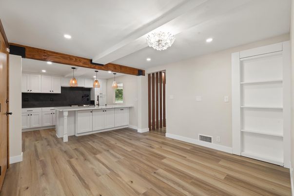 Chandelier, Interior, Kitchen, Pendant Lights, Recessed Lighting, Wood Texture Flooring
