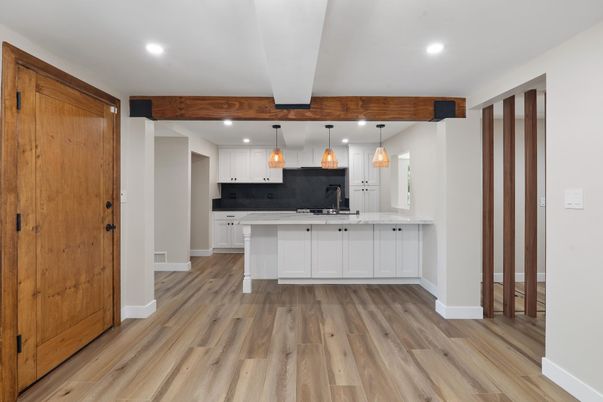 Interior, Kitchen, Pendant Lights, Recessed Lighting, Wood Texture Flooring