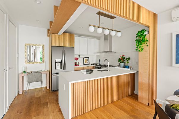 Interior, Kitchen, Recessed Lighting, Stainless Steel Appliances, Wood Texture Flooring