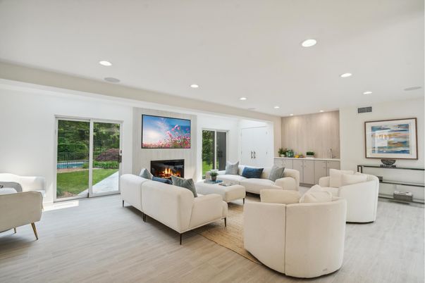 Fireplace, Interior, Living room, Recessed Lighting, Wood Texture Flooring
