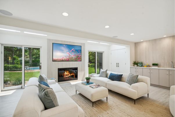 Fireplace, Interior, Living room, Recessed Lighting, Wood Texture Flooring