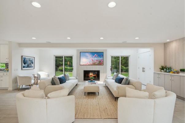 Fireplace, Interior, Living room, Recessed Lighting, Wood Texture Flooring