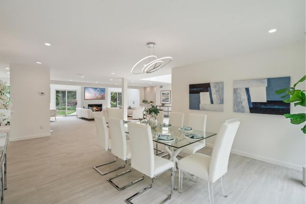 Dining room, Fireplace, Interior, Living room, Pendant Lights, Recessed Lighting, Wood Texture Flooring