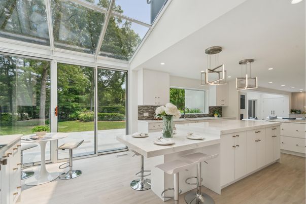 Glass Ceilings, Interior, Kitchen, Pendant Lights, Recessed Lighting, Sun Room, Wood Texture Flooring