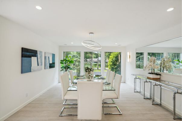 Dining room, Interior, Pendant Lights, Recessed Lighting, Wood Texture Flooring