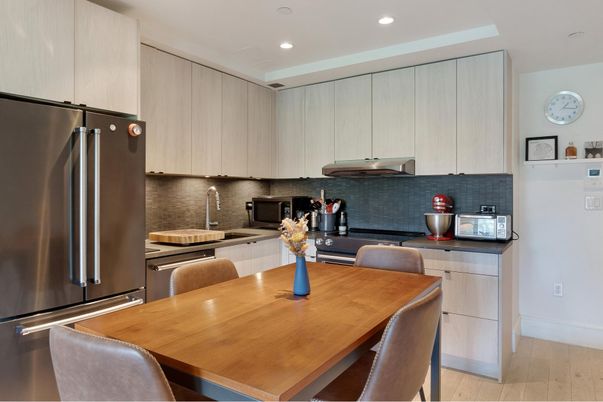 Dining room, Interior, Kitchen, Recessed Lighting, Stainless Steel Appliances, Wood Texture Flooring