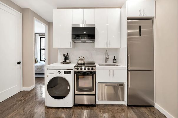 Interior, Kitchen, Stainless Steel Appliances, Washer, Wood Texture Flooring