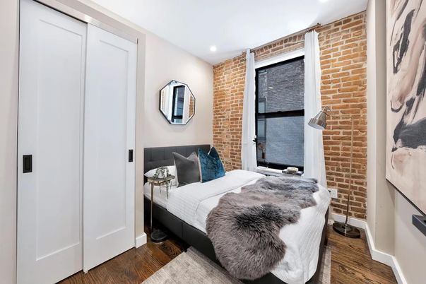 Bedroom, Interior, Recessed Lighting, Stone Walls, Wood Texture Flooring