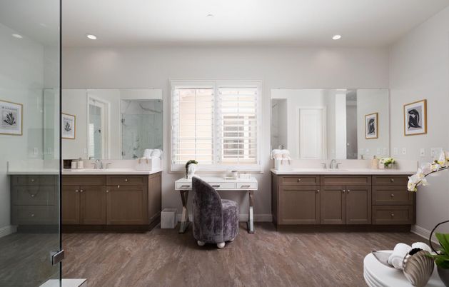 Bathroom, Dual Sink Vanities, Interior, Recessed Lighting, Wood Texture Flooring