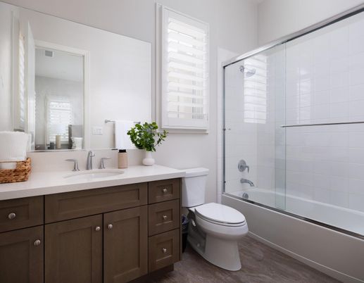 Bathroom, Glass Shower, Interior, Wood Texture Flooring