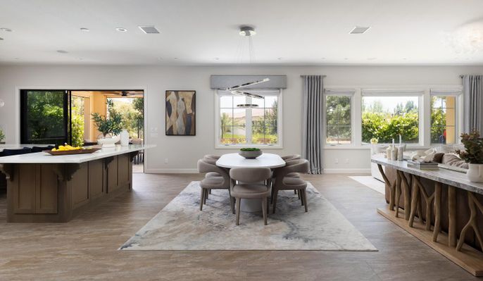 Dining room, Interior, Kitchen, Pendant Lights, Recessed Lighting, Wood Texture Flooring