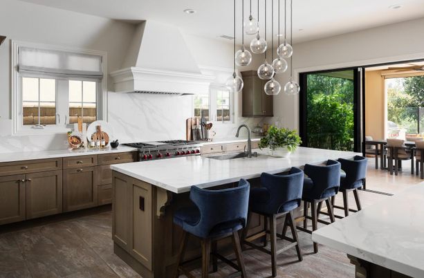 Interior, Kitchen, Marble Walls, Pendant Lights, Recessed Lighting, Stainless Steel Appliances