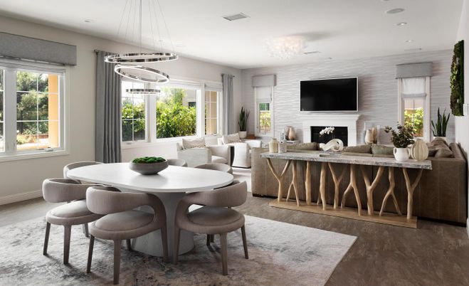 Dining room, Fireplace, Interior, Living room, Pendant Lights, Recessed Lighting, Wood Texture Flooring