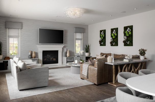 Chandelier, Fireplace, Interior, Living room, Recessed Lighting, Wood Texture Flooring