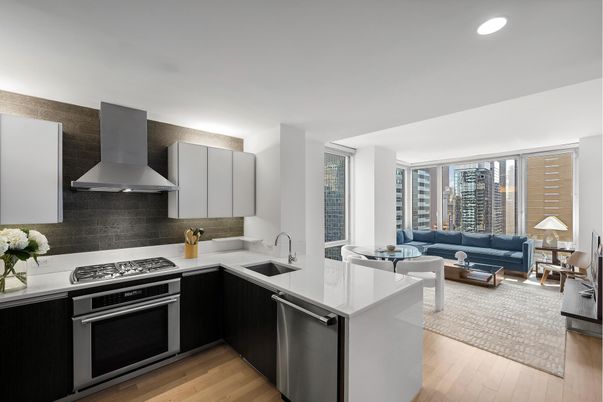 Interior, Kitchen, Living room, Recessed Lighting, Stainless Steel Appliances, Wood Texture Flooring