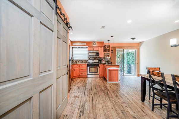 Interior, Kitchen, Pendant Lights, Recessed Lighting, Stainless Steel Appliances, Wood Texture Flooring