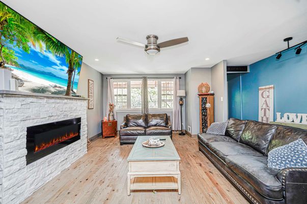 Fireplace, Interior, Living room, Recessed Lighting, Wood Texture Flooring