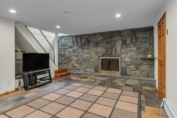 Fireplace, Interior, Recessed Lighting, Stone Walls