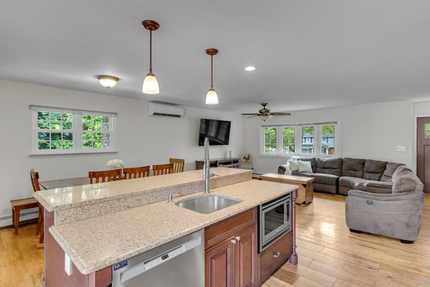 Dining room, Interior, Kitchen, Living room, Pendant Lights, Recessed Lighting, Wood Texture Flooring