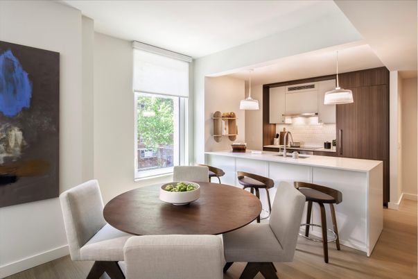 Dining room, Interior, Kitchen, Pendant Lights, Wood Texture Flooring