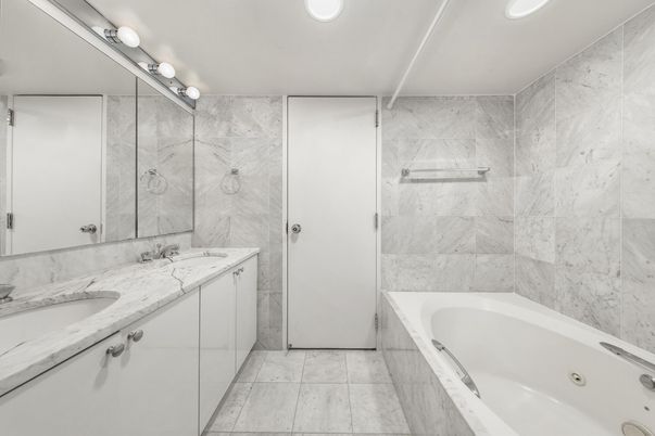 Bathroom, Dual Sink Vanities, Interior, Marble Walls, Recessed Lighting