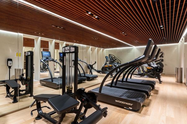 Fitness Equipment, Gym, Interior, Recessed Lighting, Wood Texture Flooring