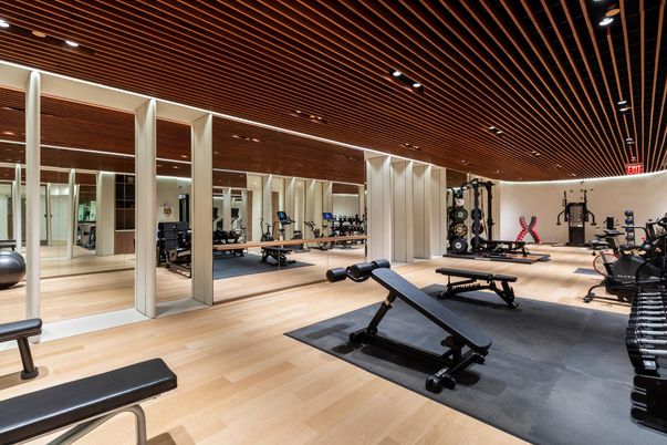 Fitness Equipment, Gym, Interior, Recessed Lighting, Wood Texture Flooring