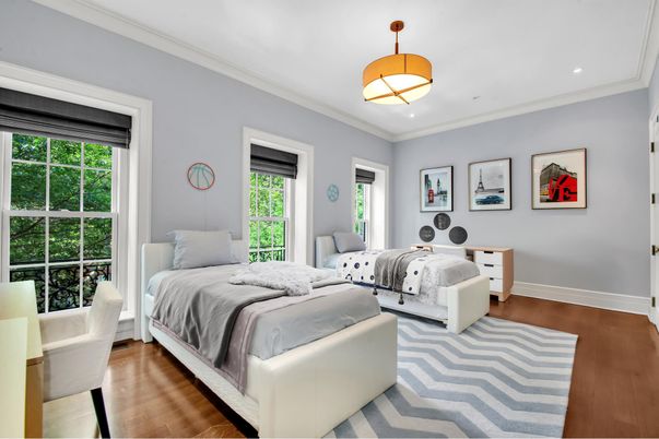 Bedroom, Interior, Pendant Lights, Recessed Lighting, Wood Texture Flooring