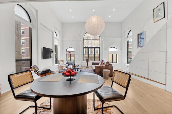 Dining room, Interior, Living room, Pendant Lights, Recessed Lighting, Wood Texture Flooring