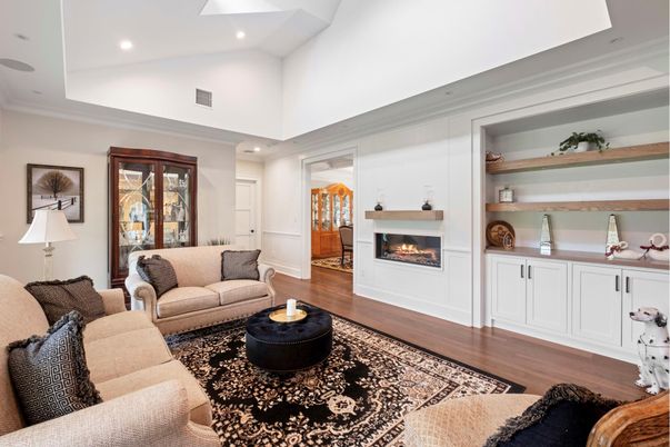 Fireplace, Interior, Living room, Recessed Lighting, Wood Texture Flooring